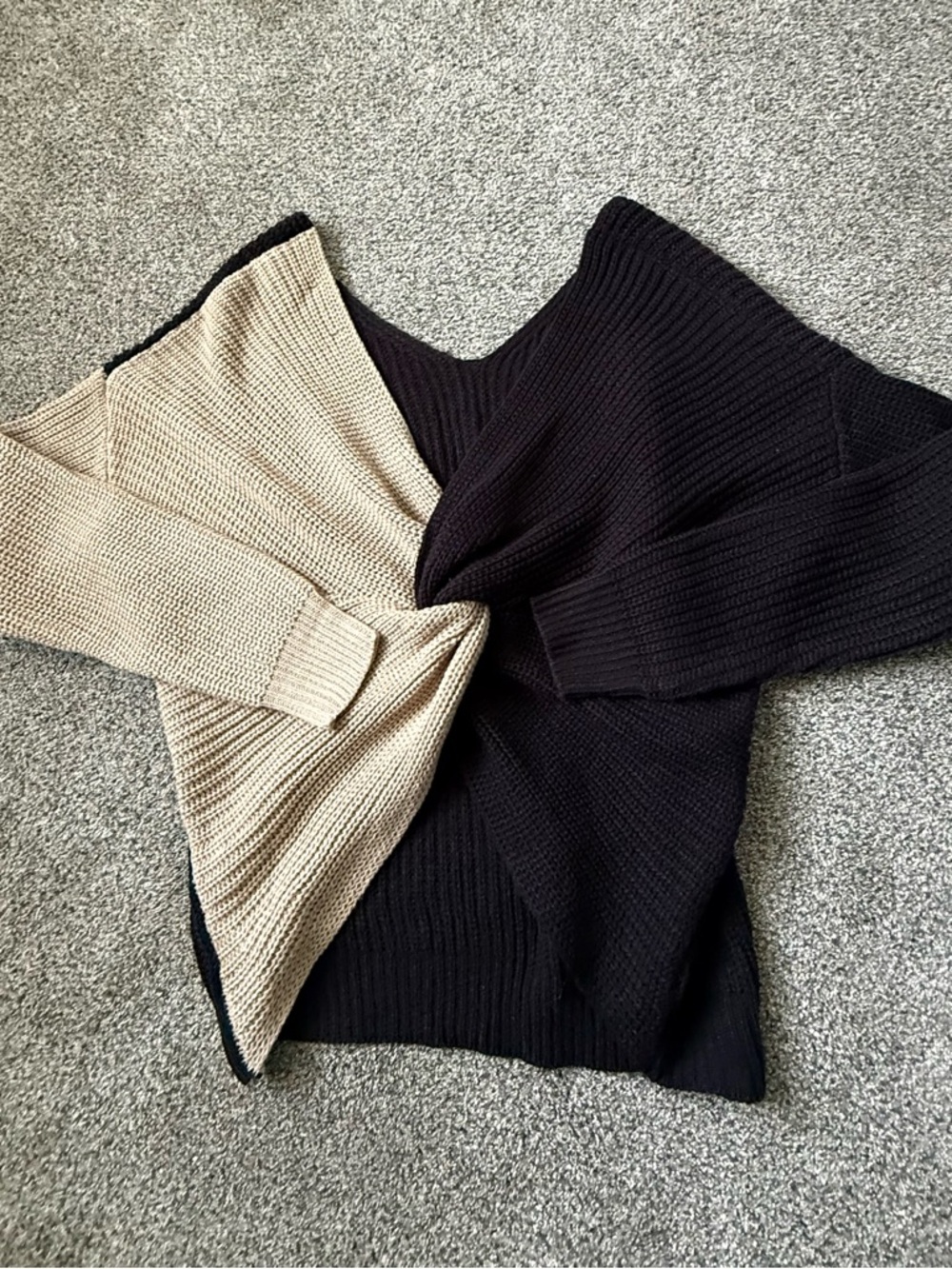 Love Tree Two-Tone Black and Beige Off-the-Shoulder Rib Knit Sweater